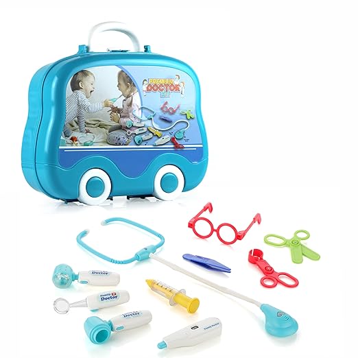Chanak Premium Doctor Set Suitcase for Kids, Doctor Set with LED Light Instruments, Pretend Play Set for Kids Above 3 Years, 10 Piece Doctor Kit for Boys & Girls, BIS Approved. (Blue Suitcase)
