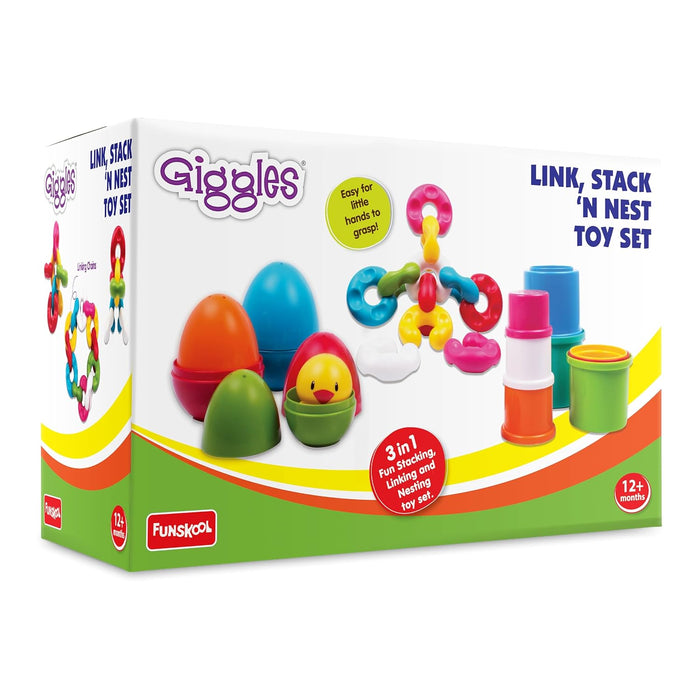 Giggles Funskool - Link Stack N Nest Toy Set, toys for kids, Blocks, Nesting toy for kids, Multicolour 3 in 1 gift set, Develops motor skills , 6 months & above, Infant and Preschool Toys