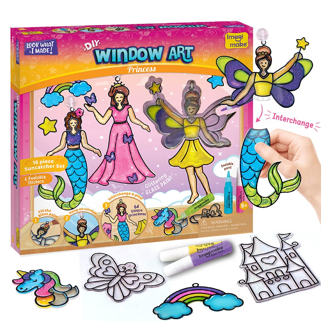Imagimake Window Art - Princess - 16 Pieces Glass Painting Set - Princess, Mermaid, Unicorn Designs - Craft Kit For Girls 5 Years & Above - Multicolor