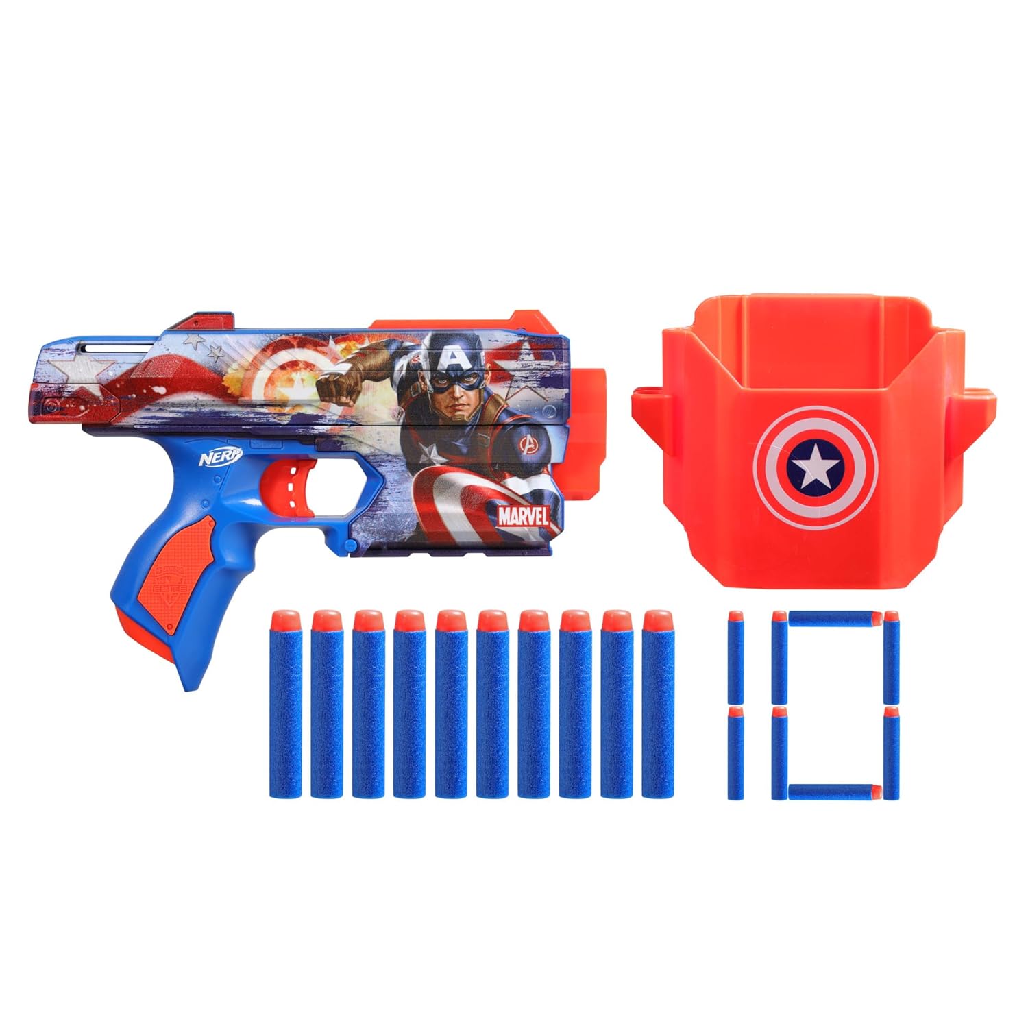 Nerf Marvel Captain America Dart Blaster, 10 Nerf Elite Darts, Holster, Toy Foam Blasters for 8 Year Old Boys & Girls & Up