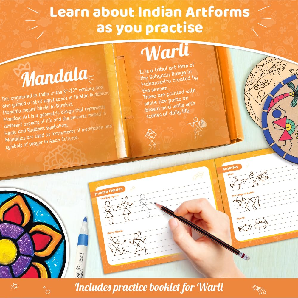 Imagimake Learn Indian Art Forms-Arts and Craft DIY Kit For Kids 8-12, 5 Indian Art Forms-Madhubani, Warli, Lippan, Mandala & Block Printing Arts, Perfect DIY for Girls Kids & Boys multi-color.