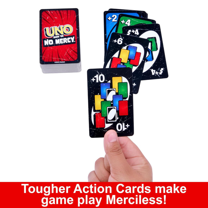 Mattel Games UNO Show ‘em No Mercy Card Game for Kids, Adults & Family Parties and Travel with Extra Cards, Special Rules and Tougher Penalties.