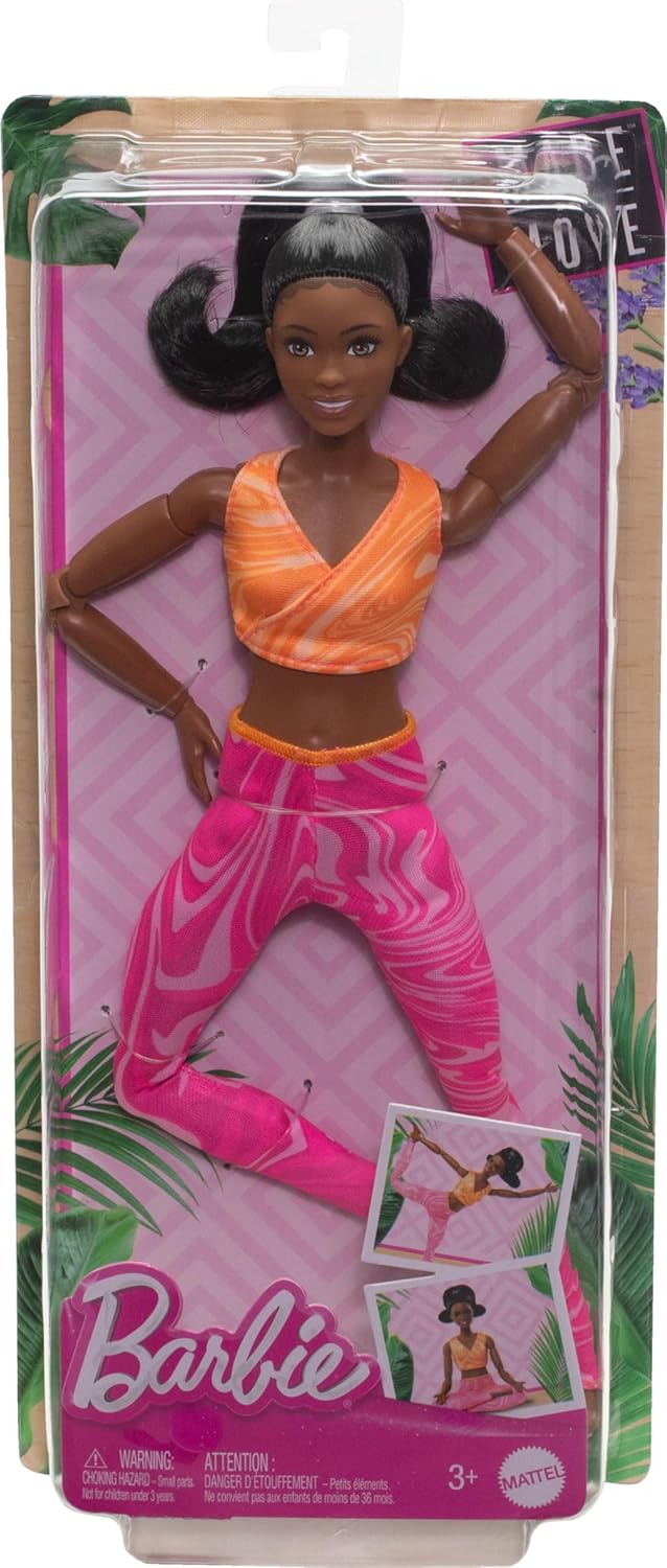 Barbie Made to Move Fashion Doll with Black Hair Wearing Removable Yellow Sports Top & Pink Yoga Pants, 22 Bendable “Joints”