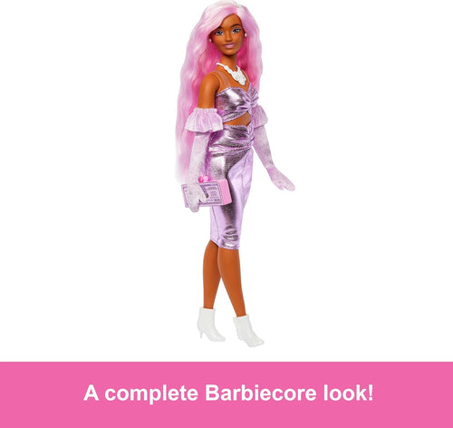 Barbie Deluxe Style Doll #1 in Barbiecore Outfit, Pink Hair and Glossy Pink Dress with Accessories Like Velvet Gloves, Money Purse, and More