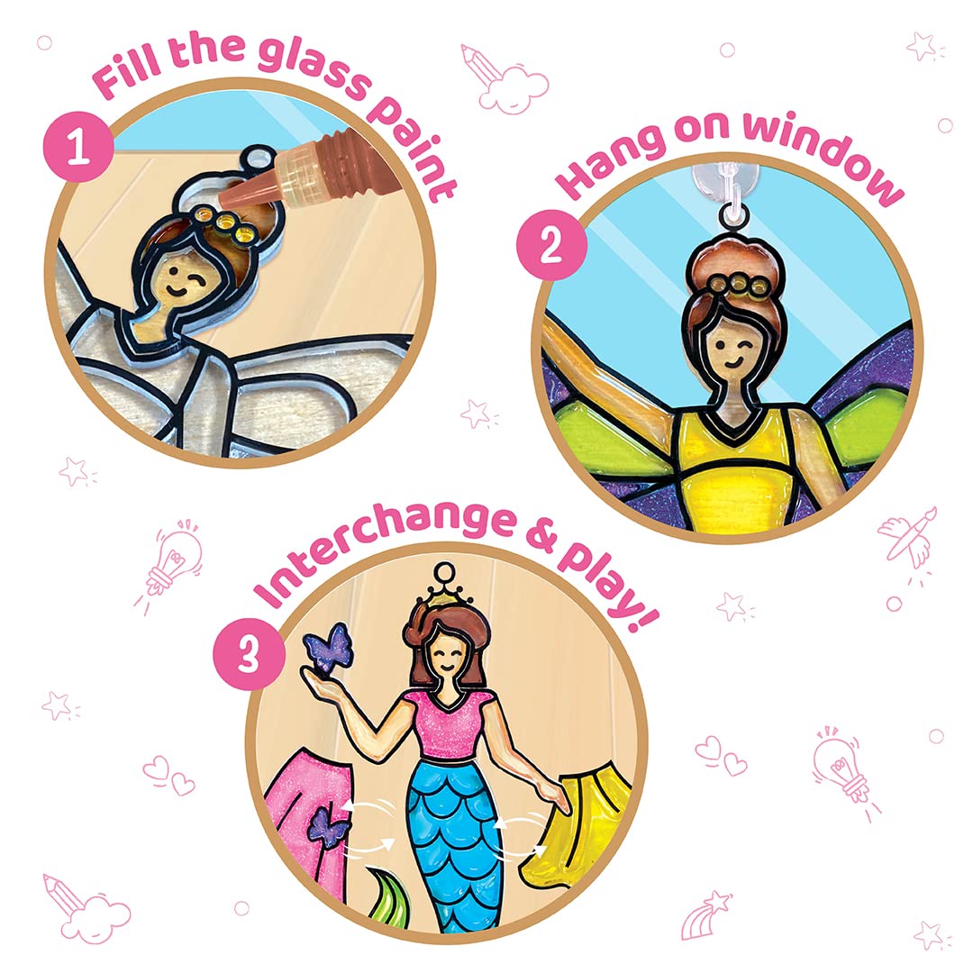 Imagimake Window Art - Princess - 16 Pieces Glass Painting Set - Princess, Mermaid, Unicorn Designs - Craft Kit For Girls 5 Years & Above - Multicolor