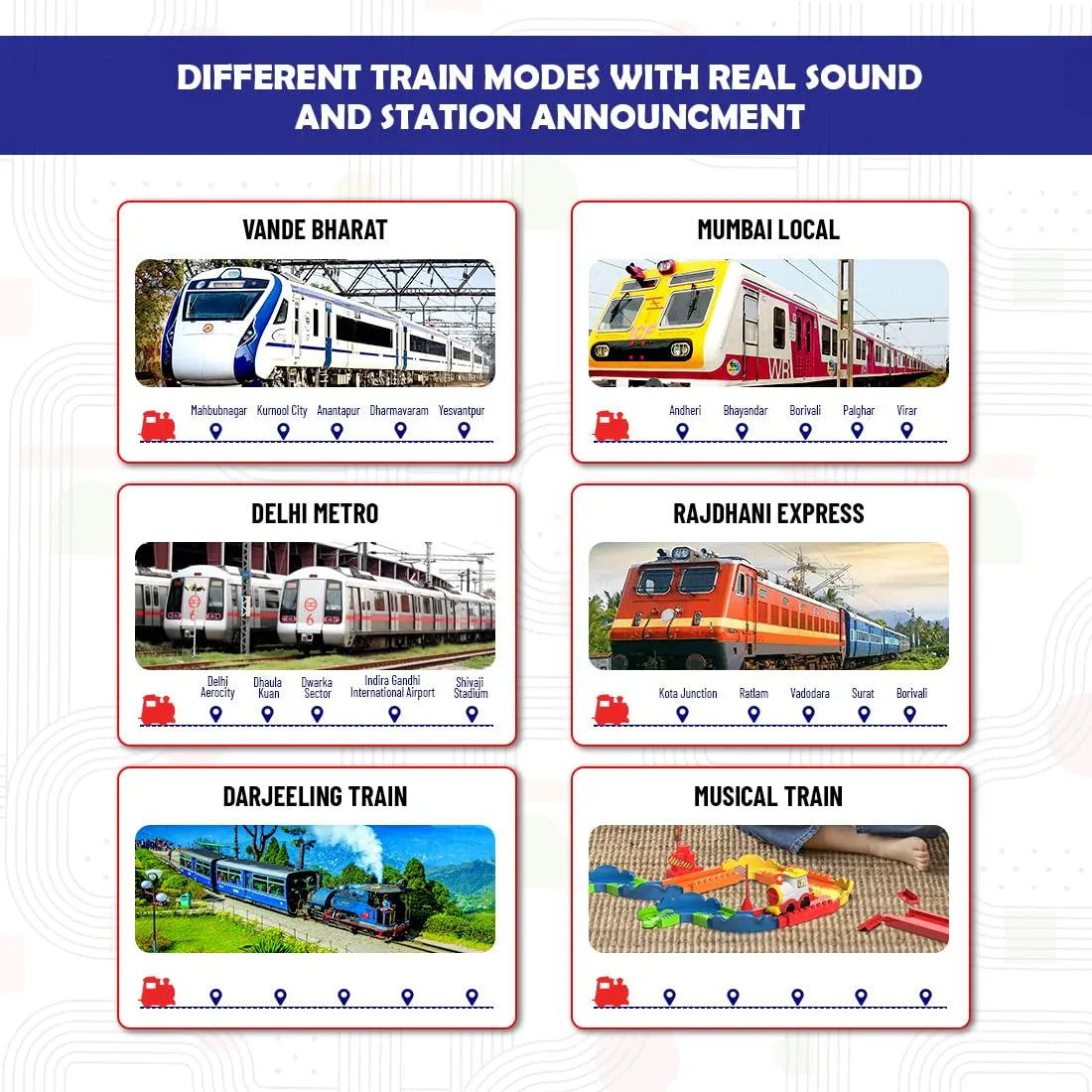 Mirana Block Rider Toy Train Set with Colorful & Multiple Track Layout, USB Rechargeable Type-C Engine, Various Sound Modes - Vande Bharat, Rajdhani, Delhi Metro, Kids 2-8 Years (Advanced - 131 Pcs)