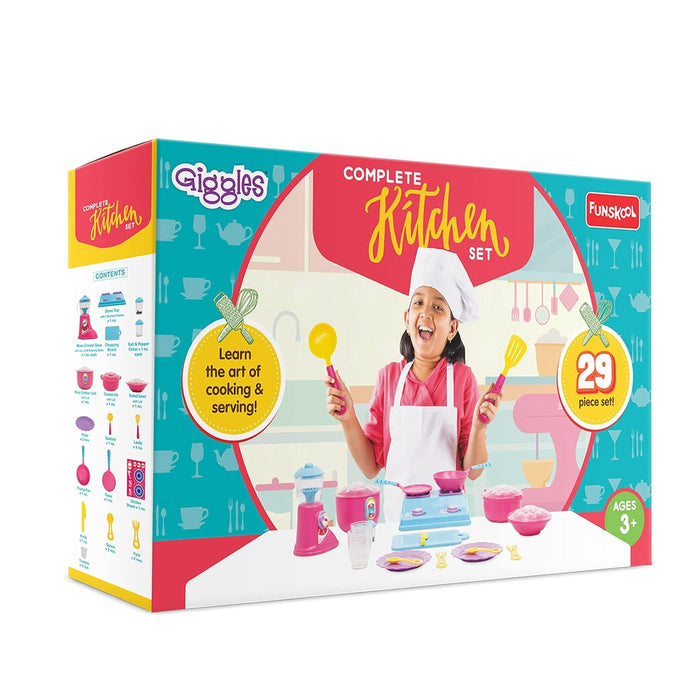 Giggles Funskool - Plastic, Complete Kitchen Set, 29 Piece Colourful Pretend and Play Cooking Set, Language and Social Skills, Role Play, for 3 Years & Above, Preschool Toys