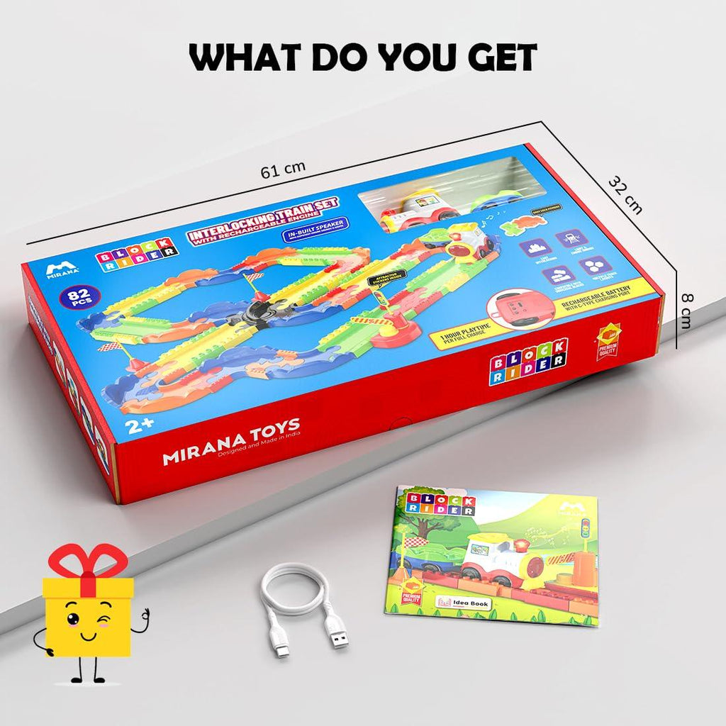 Mirana Block Rider Toy Train Set with Colorful & Multiple Track Layout, USB Rechargeable Type-C Engine, Various Sound Modes - Vande Bharat, Rajdhani, Delhi Metro, Kids 2-8 Years (Medium - 82 Pcs)