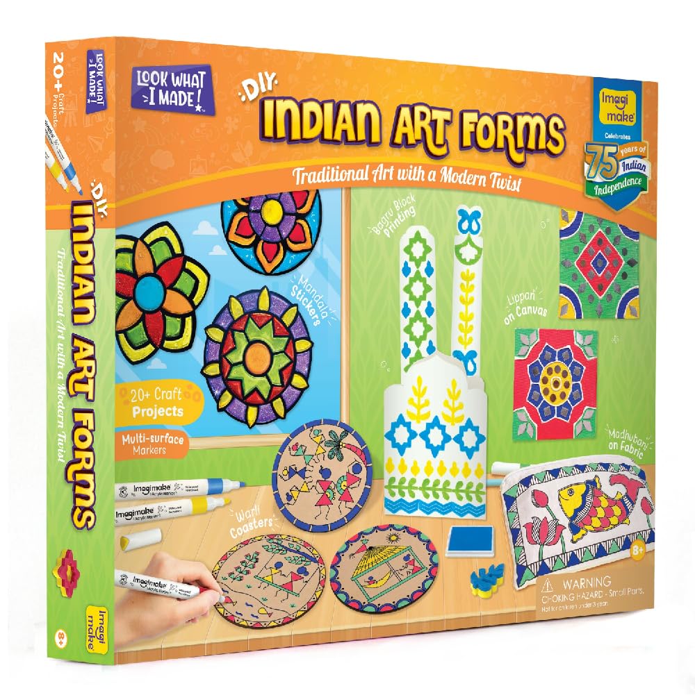 Imagimake Learn Indian Art Forms-Arts and Craft DIY Kit For Kids 8-12, 5 Indian Art Forms-Madhubani, Warli, Lippan, Mandala & Block Printing Arts, Perfect DIY for Girls Kids & Boys multi-color.