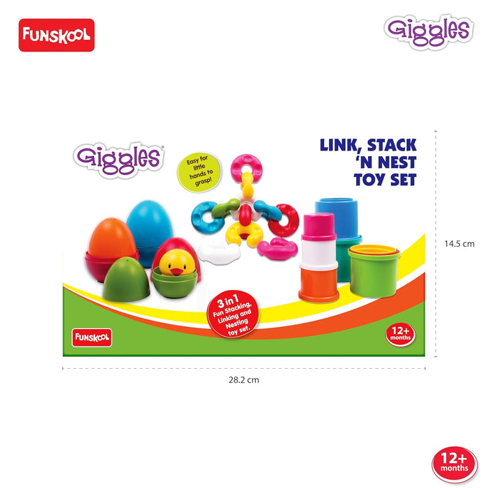 Giggles Funskool - Link Stack N Nest Toy Set, toys for kids, Blocks, Nesting toy for kids, Multicolour 3 in 1 gift set, Develops motor skills , 6 months & above, Infant and Preschool Toys