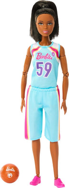 Barbie Made to Move Doll & Accessories, Brunette Basketball Player Wearing Removable Uniform with Ball, 22 Bendable Joints