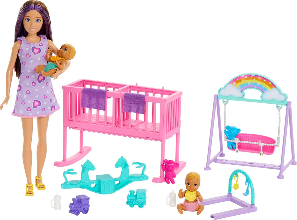 Barbie Skipper Doll & Nursery Playset with Accessories, Includes Twin Baby Dolls, Crib, Swing, See-Saw & More