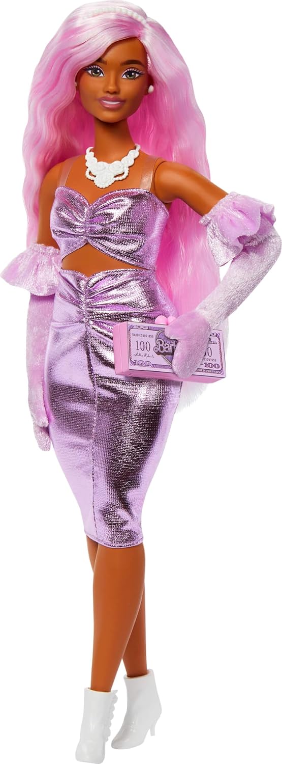 Barbie Deluxe Style Doll #1 in Barbiecore Outfit, Pink Hair and Glossy Pink Dress with Accessories Like Velvet Gloves, Money Purse, and More