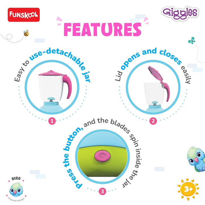 Funskool Giggles Playset Happy Lil Home-Juicer, Bird Inspired Pretend Role-Play Toy with Electronic Sounds,Mixer Blade,for Kids 3 Year Old & Above.