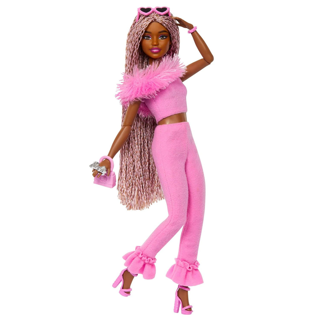 Barbie Deluxe Style Doll #4 in Barbiecore Outfit, Pink and Brown Braids, Soft Pink Top and Pant Set with Furry Collar and Fun Accessories