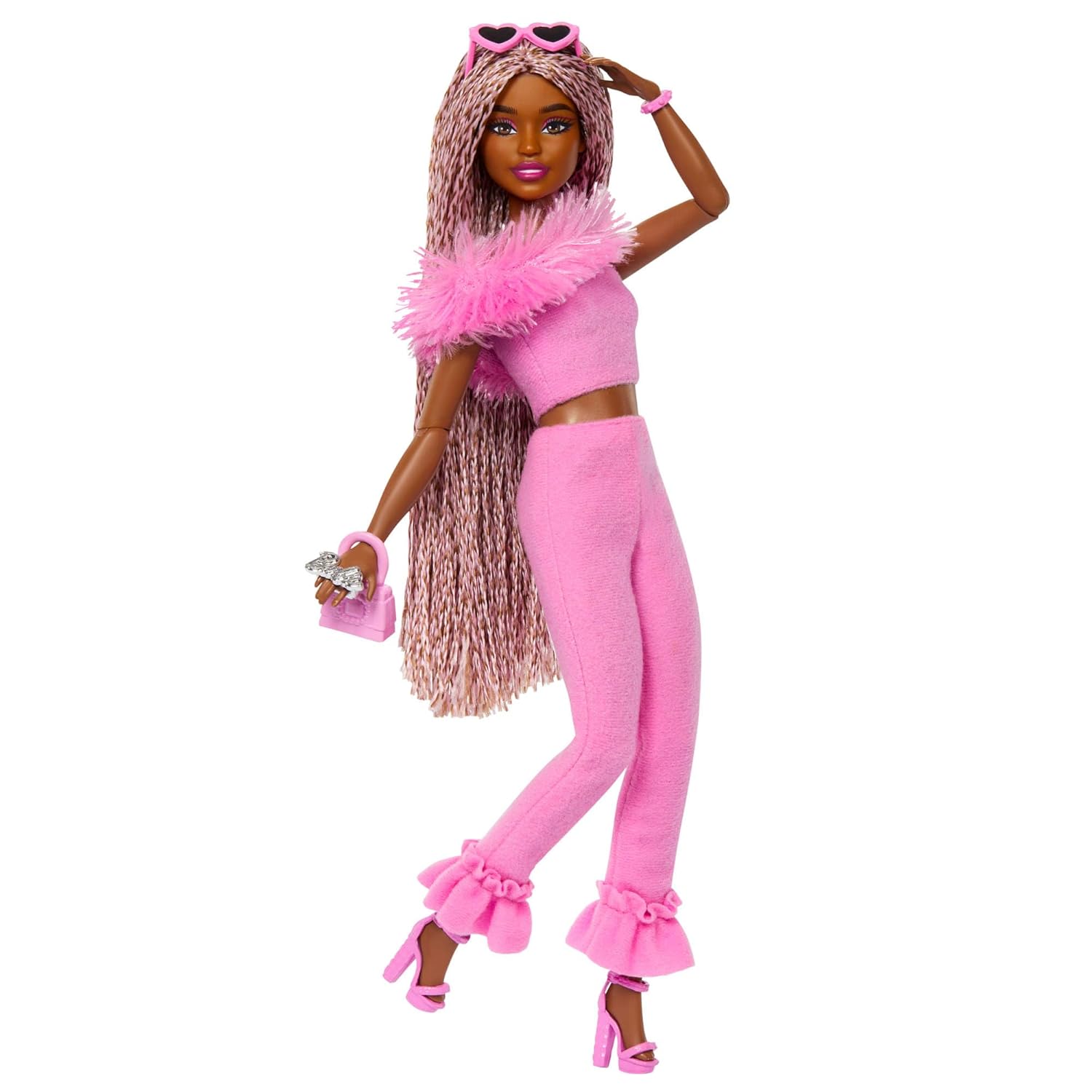 Barbie Deluxe Style Doll #4 in Barbiecore Outfit, Pink and Brown Braids, Soft Pink Top and Pant Set with Furry Collar and Fun Accessories