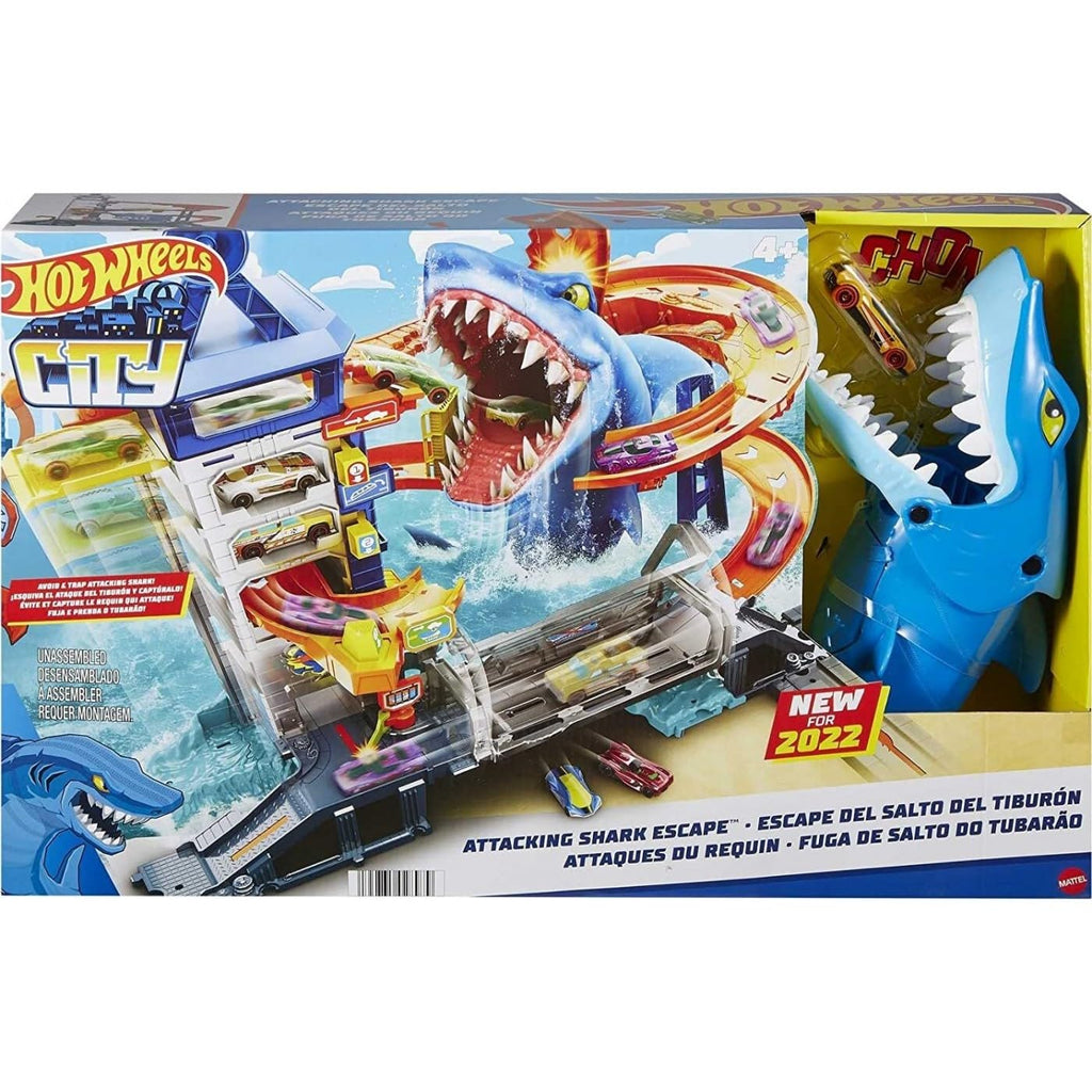 Hot Wheels™ HDP06 Track Set and 1:64 Scale Toy Car, Multi-Level Playset with Shark Nemesis Challenge, City Shark Escape Playset
