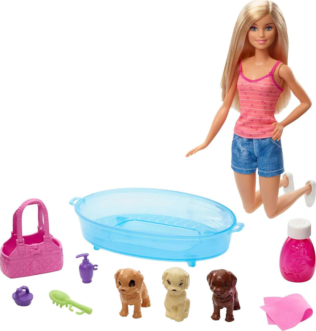 Barbie Doll, Blonde, and Playset with 3 Puppies, Bathtub and Accessories