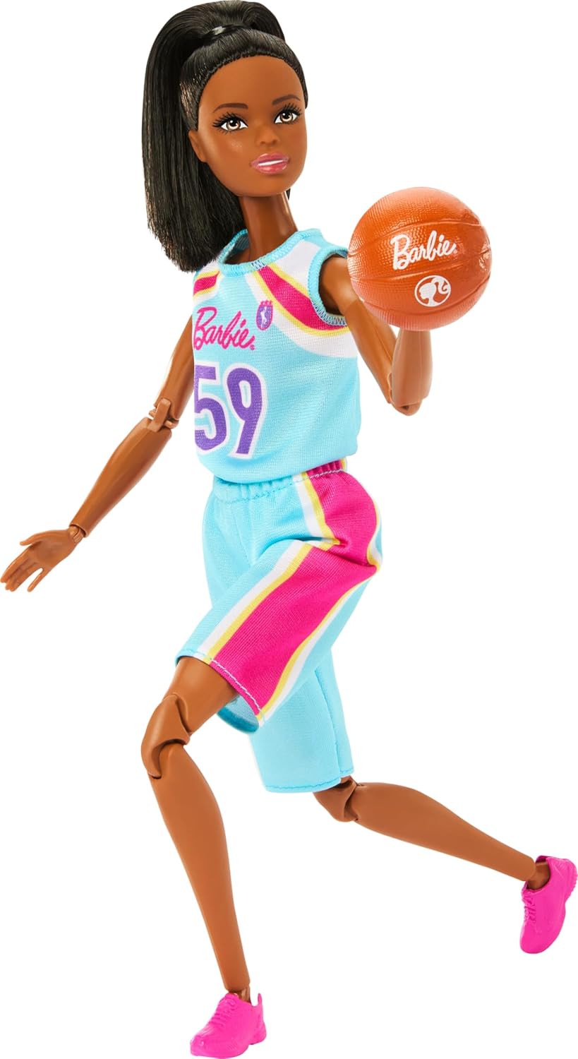 Barbie Made to Move Doll & Accessories, Brunette Basketball Player Wearing Removable Uniform with Ball, 22 Bendable Joints