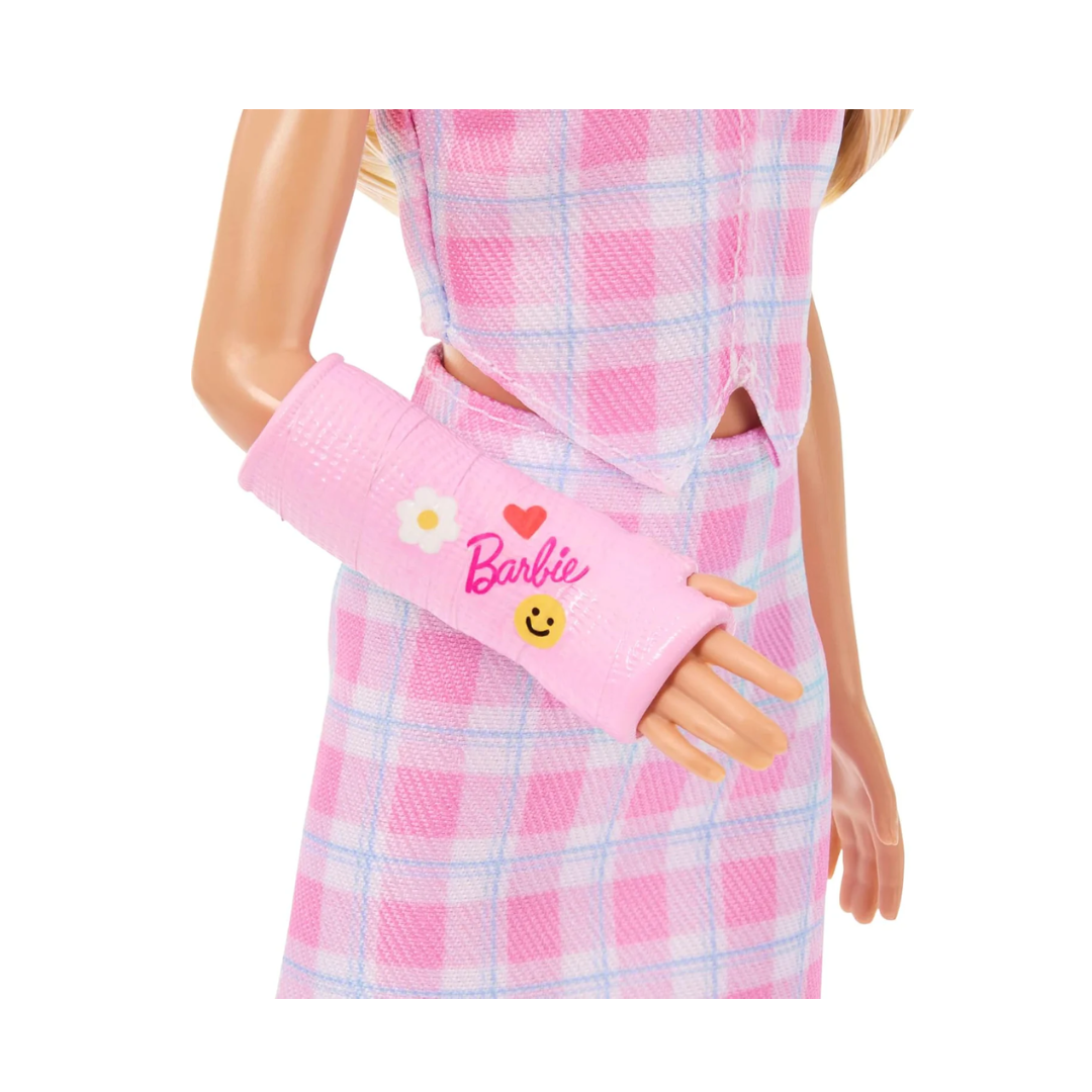 Barbie Fashionistas Doll #243 with Blonde Hair and Plaster Arm Accessories in Pink with a Checked Top and Checked Skirt and Pink Loafers JJN56