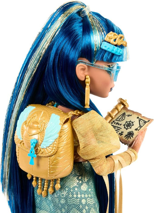 Monster High Cleo De Nile Doll in Golden Blouse & Layered Skirt, Includes Pet Cobra Hissette & Accessories Like a Backpack, Snack & Scroll