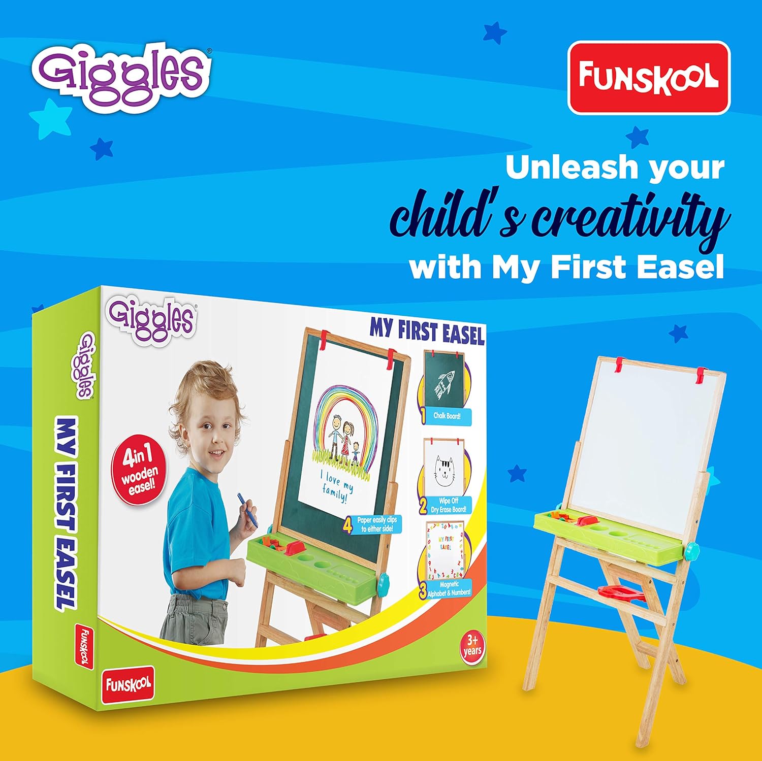 Funskool Giggles - My First Easel , Education toy for kids 3 years, Wooden and magnetic, 4 in 1 Double Sided Wooden Easel Board , Multicolour with Alphabet & Numbers , 3 Years & above , Preschool toys