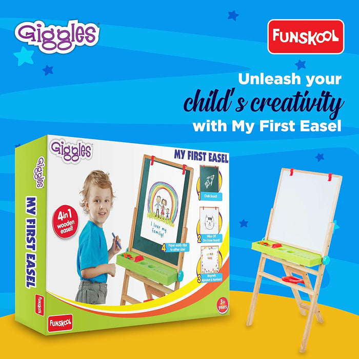 Funskool Giggles - My First Easel , Education toy for kids 3 years, Wooden and magnetic, 4 in 1 Double Sided Wooden Easel Board , Multicolour with Alphabet & Numbers , 3 Years & above , Preschool toys