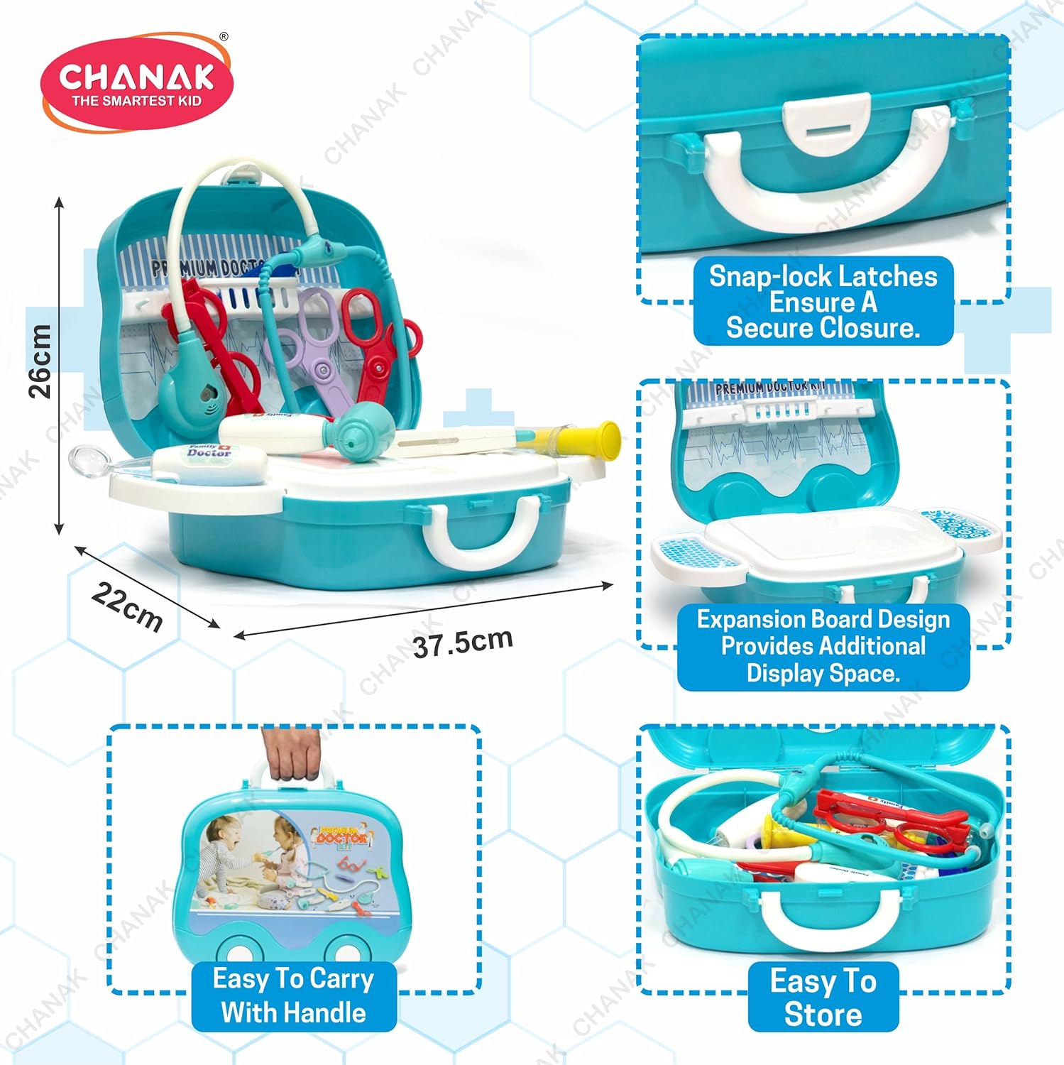 Chanak Premium Doctor Set Suitcase for Kids, Doctor Set with LED Light Instruments, Pretend Play Set for Kids Above 3 Years, 10 Piece Doctor Kit for Boys & Girls, BIS Approved. (Blue Suitcase)