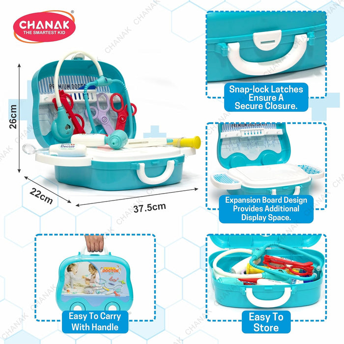 Chanak Premium Doctor Set Suitcase for Kids, Doctor Set with LED Light Instruments, Pretend Play Set for Kids Above 3 Years, 10 Piece Doctor Kit for Boys & Girls, BIS Approved. (Blue Suitcase)