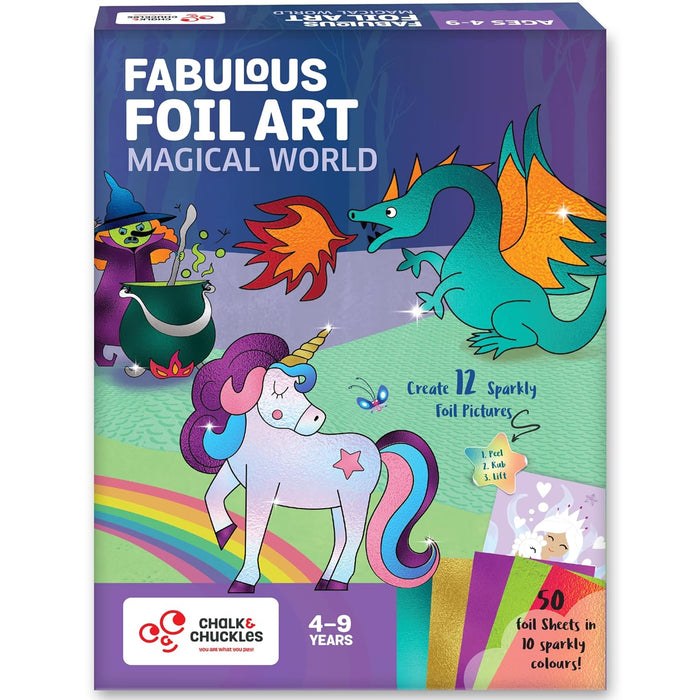 Chalk and Chuckles Art and Craft Kit, Fabulous Foil Art, Gift for Girls, Boys Age 4-9 Year Old, Create 12 Magical World Theme Pictures -Princess, Unicorn Toys, Mess-Free Sticker Crafts for Kids