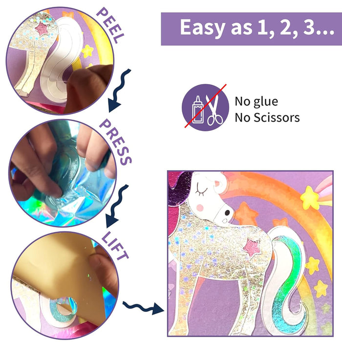 Chalk and Chuckles Art and Craft Kit, Fabulous Foil Art, Gift for Girls, Boys Age 4-9 Year Old, Create 12 Magical World Theme Pictures -Princess, Unicorn Toys, Mess-Free Sticker Crafts for Kids