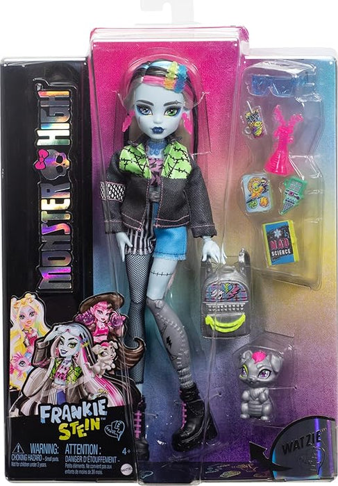 Monster High Frankie Stein Doll in Denim Jacket and Shorts, Includes Pet Dog Watzie and Accessories Like a Backpack, Snack and Notebook