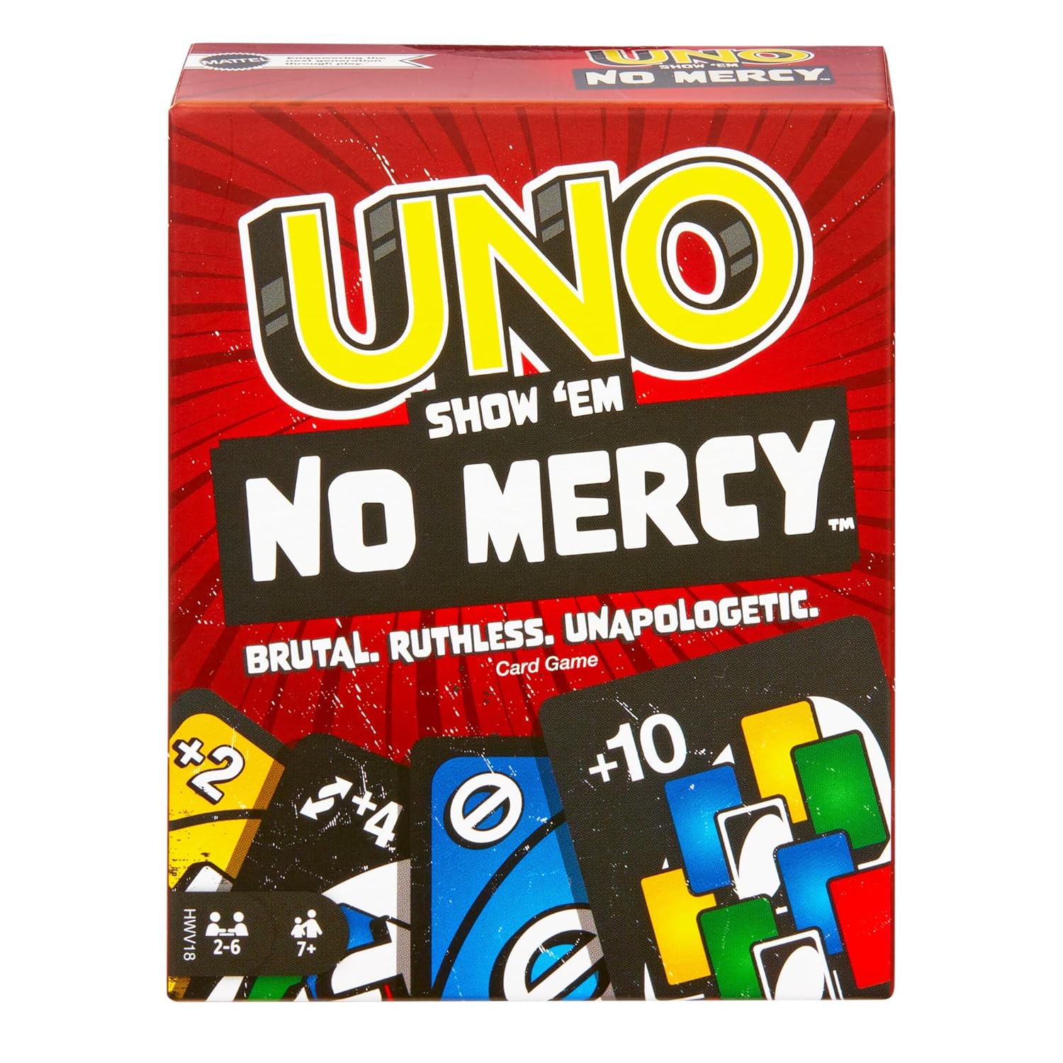 Mattel Games UNO Show ‘em No Mercy Card Game for Kids, Adults & Family Parties and Travel with Extra Cards, Special Rules and Tougher Penalties.