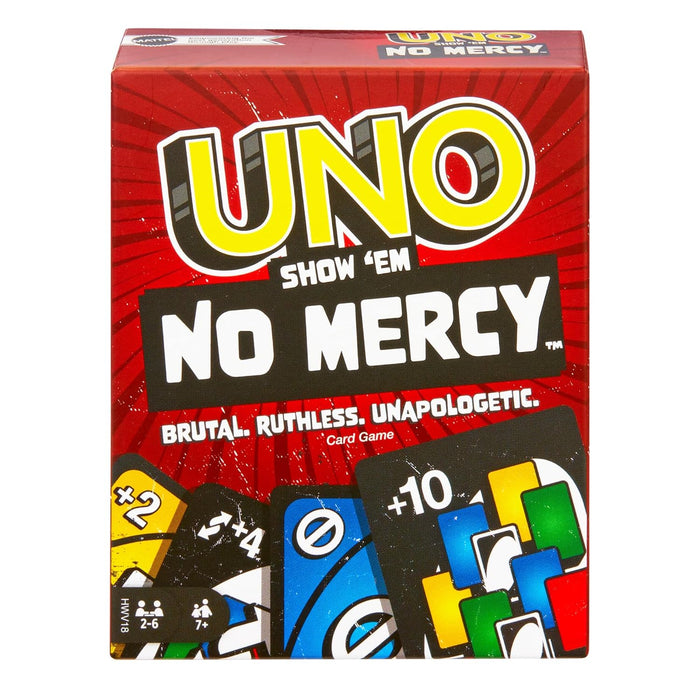 Mattel Games UNO Show ‘em No Mercy Card Game for Kids, Adults & Family Parties and Travel with Extra Cards, Special Rules and Tougher Penalties.