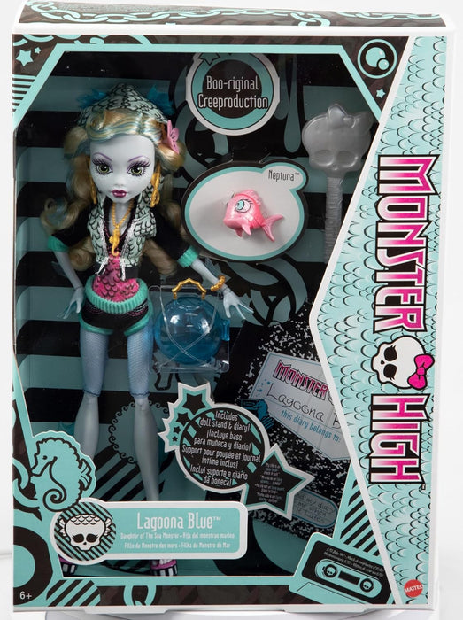 Monster High™ Lagoona Blue Reproduction Doll (10.5 in) Wearing Original Fashion & Shoes, with Pet, Doll Stand & Accessories, Gift for Collectors