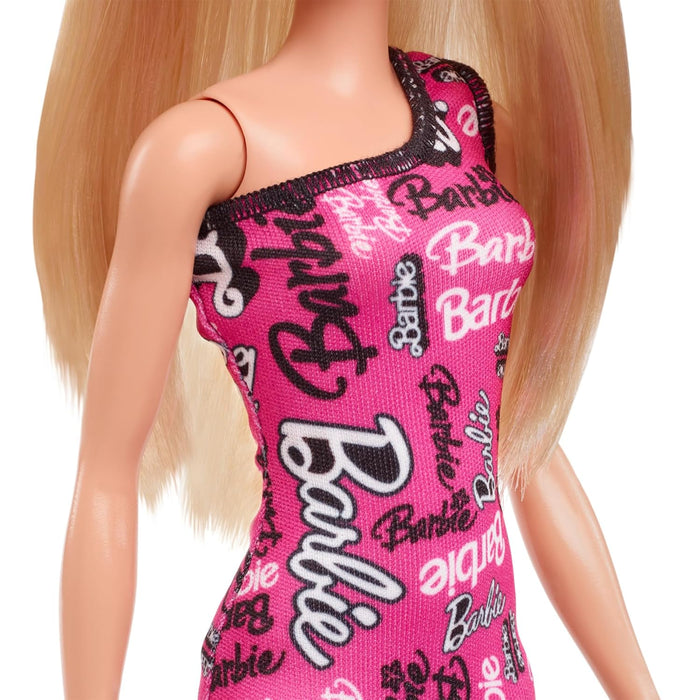 Barbie Fashion Doll with Straight Blonde Hair Wearing Removable Pink One-Shoulder Dress & Shoes with Logo Print