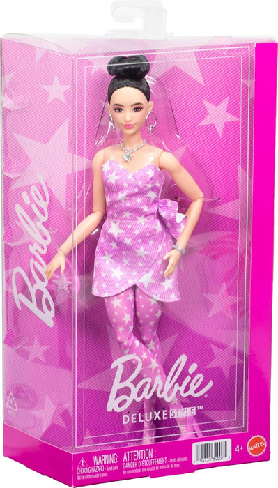 Barbie Deluxe Style Doll #11 in Pink Denim Dress with Printed Stars and Matching Tights Black Hair Tied High Knot JJN71