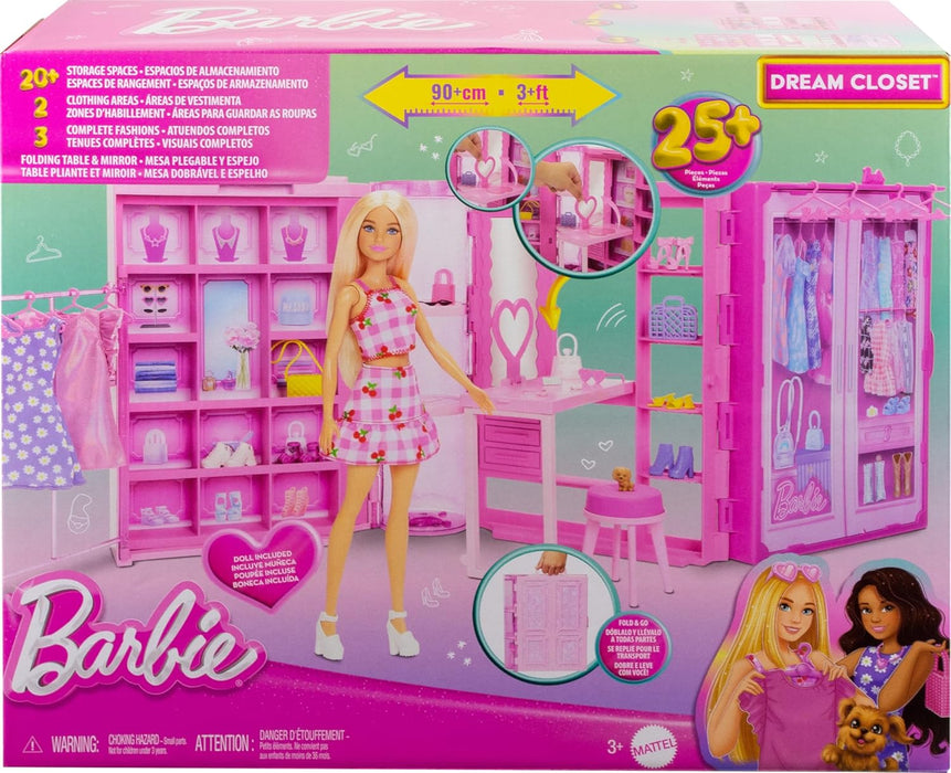 Barbie Dream Closet Toy Playset with Blonde Fashion Doll, Clothes & Accessories, 3-ft-Wide with 25+ Pieces, 3 Complete Looks