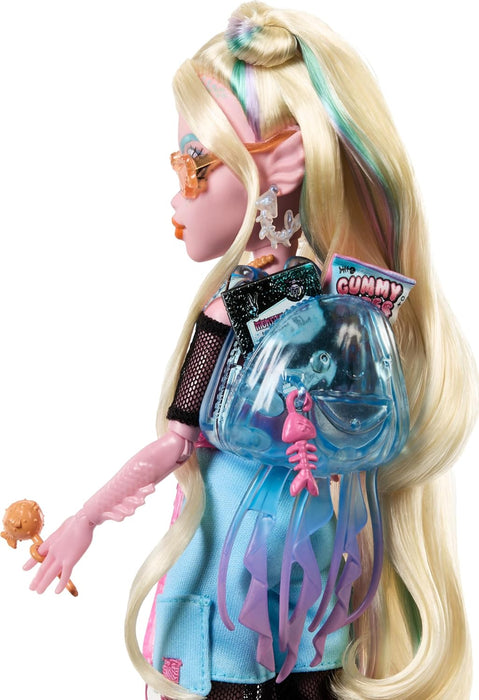 Monster High Lagoona Blue Doll in Mesh Tee and Cargo Pants, Includes Pet Fish Neptuna and Accessories Like a Backpack, Snack and Notebook