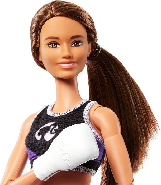 Barbie Made to Move Doll & Accessories, Brunette Boxer Wearing Removable Uniform with Boxing Gloves, 22 Bendable Joints