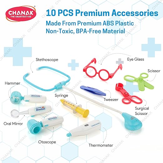 Chanak Premium Doctor Set Suitcase for Kids, Doctor Set with LED Light Instruments, Pretend Play Set for Kids Above 3 Years, 10 Piece Doctor Kit for Boys & Girls, BIS Approved. (Blue Suitcase)