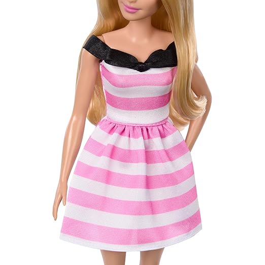 Barbie Doll and Accessories, 65th Anniversary Commemorative Doll with Blonde Hair, Pink and White Striped Dress with Matching Heels