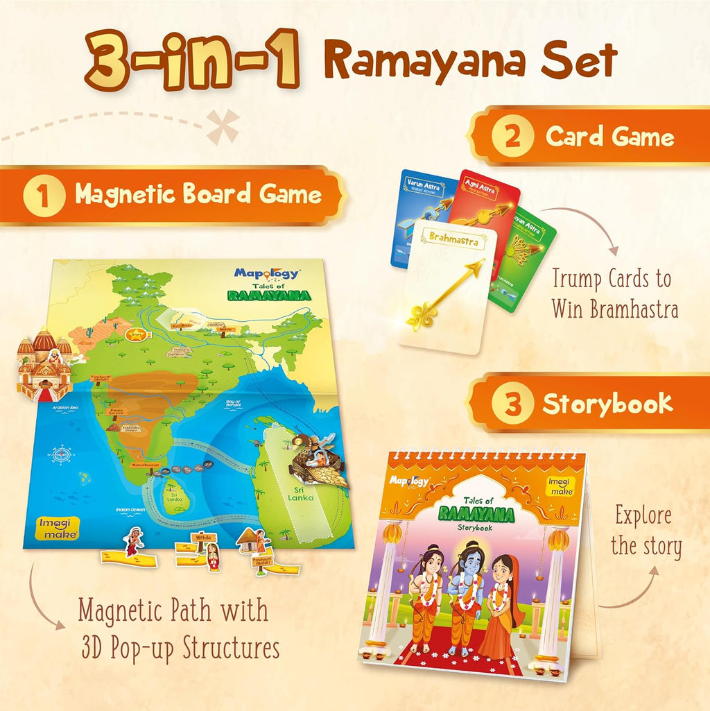 Imagimake Mapology Tales of Ramayana | 3-in-1 Fun Family Board Game | Magnetic Path Puzzle | Ramayana Storybook | Trump Cards| Gifts for Kids Age 8+