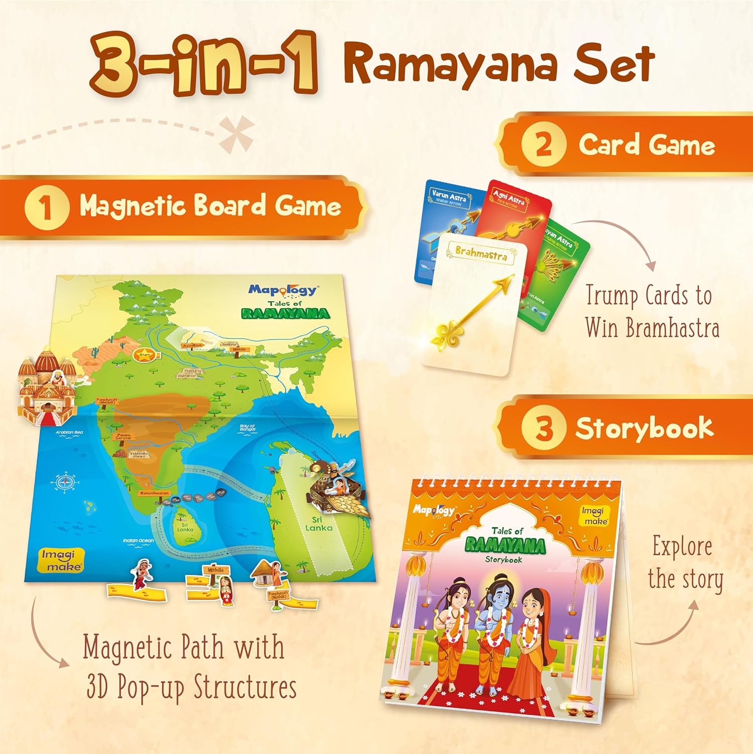 Imagimake Mapology Tales of Ramayana | 3-in-1 Fun Family Board Game | Magnetic Path Puzzle | Ramayana Storybook | Trump Cards| Gifts for Kids Age 8+
