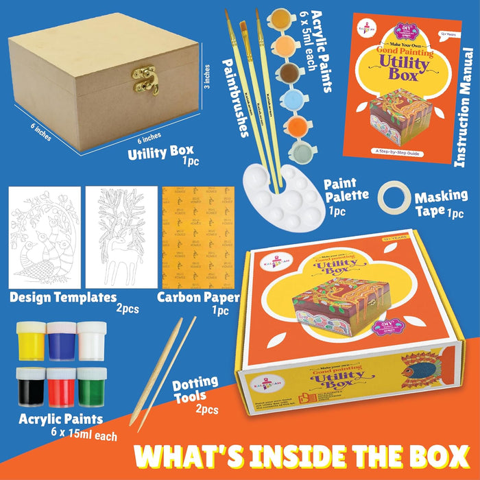 DIY Gond Painting Utility Box Kit, Indian Ethnic Art Form Painting Kit, Cultural Education & Indian History Kit with Bonus Written Material Explaining the Origin, Techniques, and Relevance of this Art Form DIY Kit for Kids