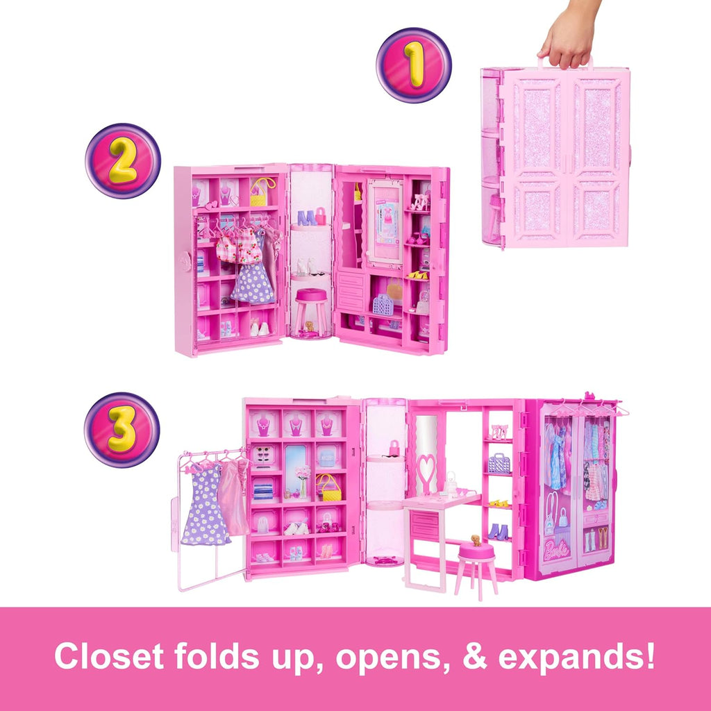 Barbie Dream Closet Toy Playset with Blonde Fashion Doll, Clothes & Accessories, 3-ft-Wide with 25+ Pieces, 3 Complete Looks
