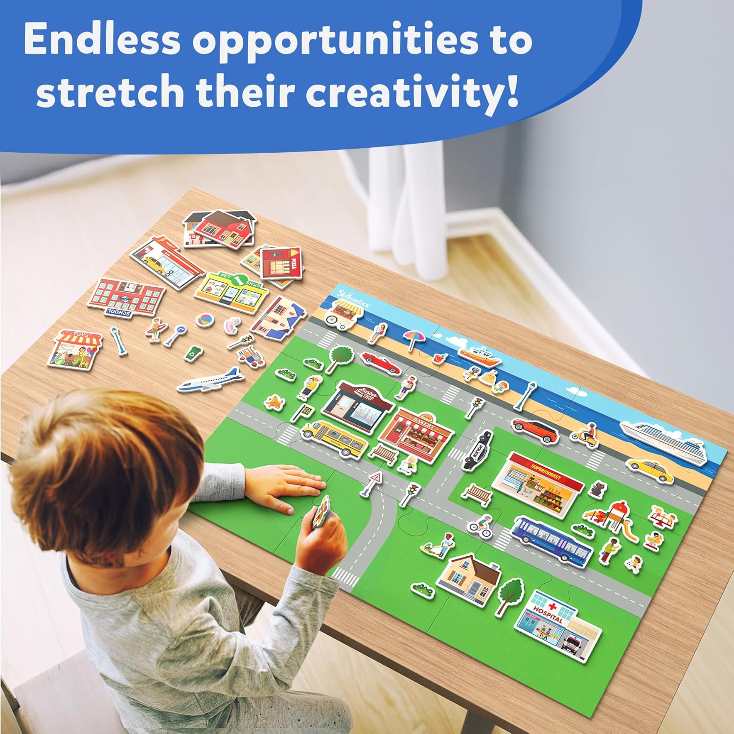 Skillmatics Creative Toy Magnetopia - Design Your City, Interactive Pretend Play Set for Kids, Toddlers, 60+ Magnetic Pieces, Preschool Learning Game, Gifts for Boys