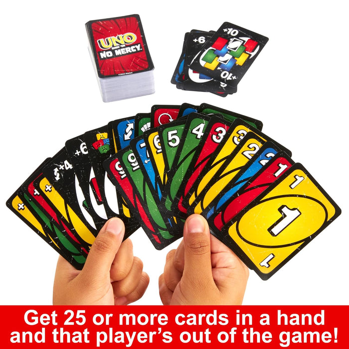 Mattel Games UNO Show ‘em No Mercy Card Game for Kids, Adults & Family Parties and Travel with Extra Cards, Special Rules and Tougher Penalties.