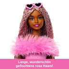 Barbie Deluxe Style Doll #4 in Barbiecore Outfit, Pink and Brown Braids, Soft Pink Top and Pant Set with Furry Collar and Fun Accessories