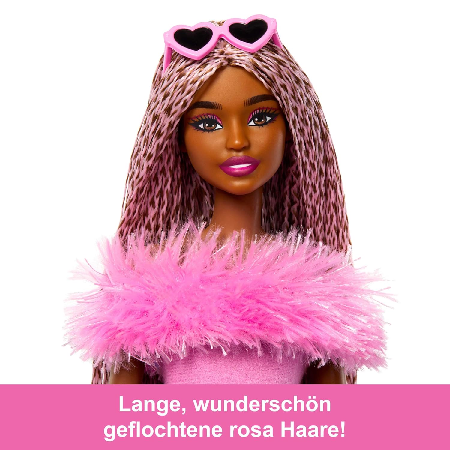 Barbie Deluxe Style Doll #4 in Barbiecore Outfit, Pink and Brown Braids, Soft Pink Top and Pant Set with Furry Collar and Fun Accessories